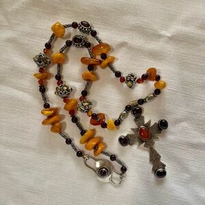 Gorgeous Amber Garnet Beaded Rosary Type Necklace Large Signed Sterling Cross